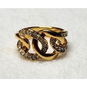 Vtg KJL Kenneth Jay Lane Gold Tone Chunky Chain Link Rhinestone Ring Size 8.25